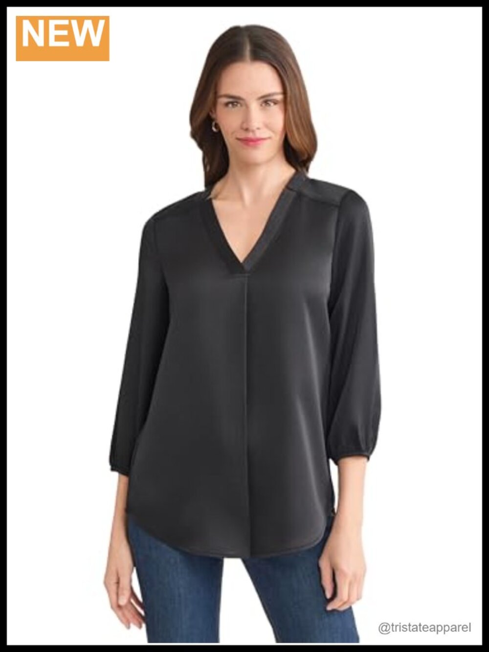 Women's 3/4 Puff Sleeve Satin V-Neck Blouse Business Casual Top
